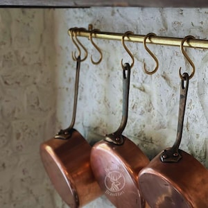 Unlacquered Brass Pot Rail, Kitchen Organizer, Hanging Pot And Pan, Wall Mounted Pot Rack Rod With S Hooks, Rustic pot rack, Brass rail