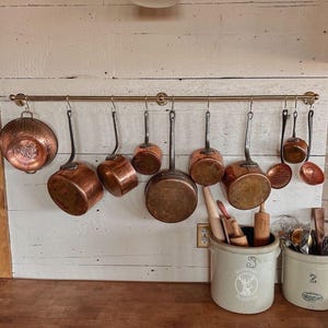 Vintage French Copper Cookware Set, 5 Piece Tin Lined Pots, Pans & Saucepans with Cast Iron Handles, Vintage Pans with Cast Iron Handles