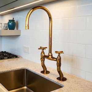 Unlacquered Brass Bridge Faucet, Vintage Brass Faucet, Antique Style, Gold Faucet, Kitchen Sink Faucet