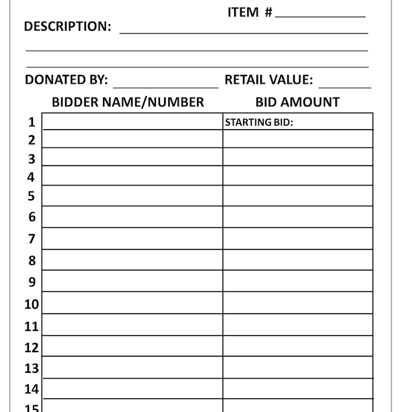 Silent Auction Bid Sheet ; PDF Instant Download ;