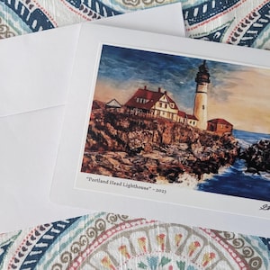 Biglietto d'auguri in acrilico bianco raffigurante il faro di Portland Head, da incorniciare, per compleanno, ringraziamento, inaugurazione della casa, biglietti per tutte le occasioni.