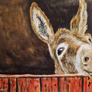 May include: A painting of a donkey's head peering out from a wooden stall. The donkey has a brown and white coat, large ears, and a friendly expression. The stall is made of red wood planks.