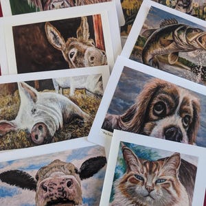 Set van 8 blanco acryl dierenwenskaarten/afdrukken om in te lijsten, verjaardag, bedankt, kat, honden, koeien, vissen, varken, ezel, voor alle gelegenheden