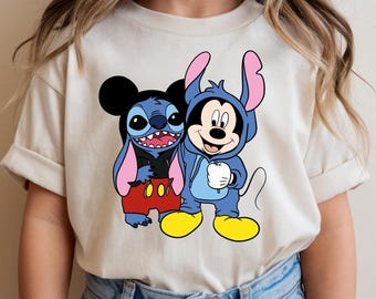 Mickey and Stitch Christmas Shirt & Sweatshirt, Stitch Friends Shirt, Stitch and Mickey Family Matching Holiday Shirt, Cute Cartoon Xmas Top