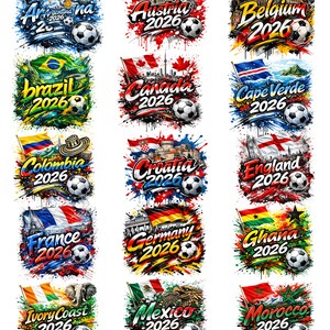 a collage of various soccer-themed graphics and flags from different countries, including Argentina, Brazil, Canada, Croatia, France, Germany, Italy, Mexico, Morocco, and Spain, along with the text "Argentina 2020", "Belgium 2020", "Canada 2020", "Cape Verde 2020", "Endland 2020", "Colombia 2020", "Croatia 2020", "France 2020", "German 2020", "Iceland 2020", "Mexico 2020", and "Morocco 2020".