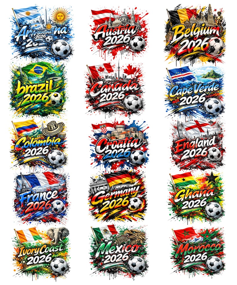 a collage of various soccer-themed graphics and flags from different countries, including Argentina, Brazil, Canada, Croatia, France, Germany, Italy, Mexico, Morocco, and Spain, along with the text "Argentina 2020", "Belgium 2020", "Canada 2020", "Cape Verde 2020", "Endland 2020", "Colombia 2020", "Croatia 2020", "France 2020", "German 2020", "Iceland 2020", "Mexico 2020", and "Morocco 2020".