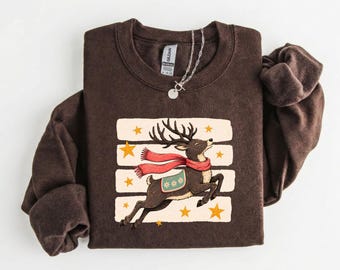 Vintage Christmas Reindeer Shirt or Sweatshirt, Flying Holiday Sweatshirt, Retro Winter Star Christmas Top
