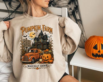 Vintage Pumpkin Farm Halloween Shirt, Haunted House Fall Sweatshirt, Spooky Pumpkin Patch and Farm Truck Top