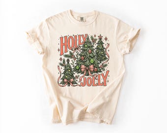 Comfort Colors® Holly Jolly Christmas Shirt, Vintage Christmas Tree Tee, Coquette Bow Holiday Top, Retro Festive Shirt