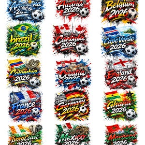 a collage of various soccer-themed graphics and flags from different countries, including Argentina, Brazil, Canada, Croatia, France, Germany, Italy, Mexico, Morocco, and Spain, along with the text "Argentina 2020", "Belgium 2020", "Canada 2020", "Cape Verde 2020", "Endland 2020", "Colombia 2020", "Croatia 2020", "France 2020", "German 2020", "Iceland 2020", "Mexico 2020", and "Morocco 2020".