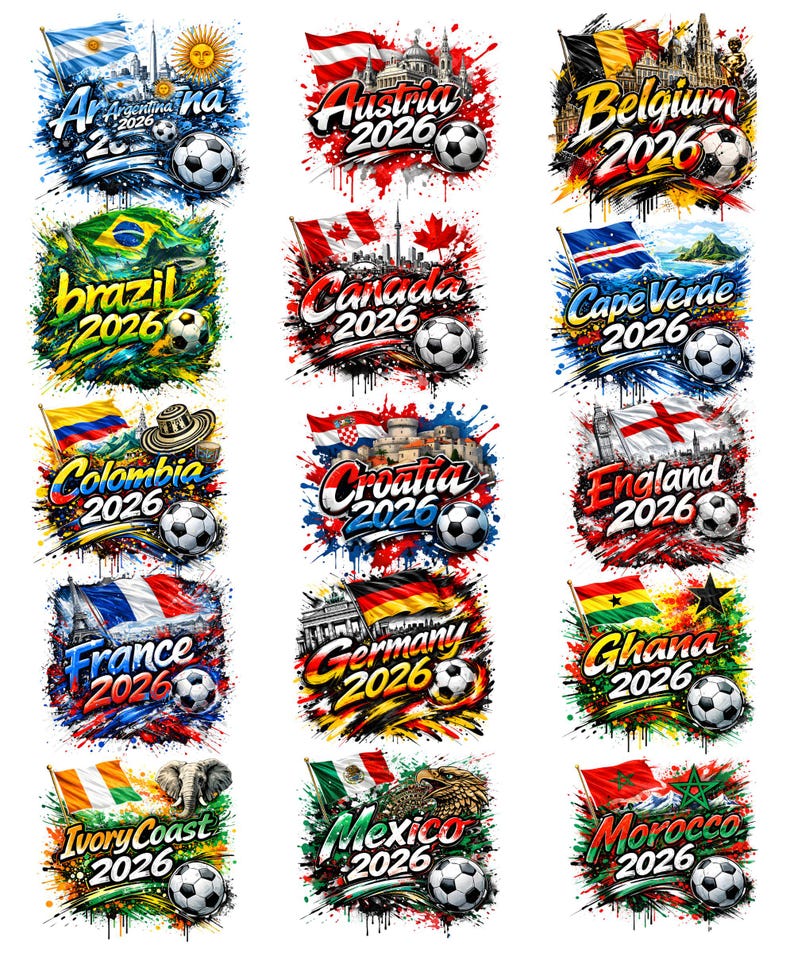 a collage of various soccer-themed graphics and flags from different countries, including Argentina, Brazil, Canada, Croatia, France, Germany, Italy, Mexico, Morocco, and Spain, along with the text "Argentina 2020", "Belgium 2020", "Canada 2020", "Cape Verde 2020", "Endland 2020", "Colombia 2020", "Croatia 2020", "France 2020", "German 2020", "Iceland 2020", "Mexico 2020", and "Morocco 2020".