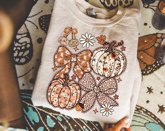 Floral Pumpkin Bow Sweatshirt, Fall Cozy Aesthetic Hoodie, Cute Autumn Daisy Leopard Print Crewneck Shirt and Sweatshirt