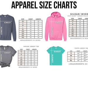 apparel size charts for various clothing items, including a GILDA 18500 hoodie, a gray sweatshirt, a pink hoodie, a gray t-shirt, and a green t-shirt. The charts provide measurements in inches for each item, allowing customers to determine the appropriate size based on their measurements.