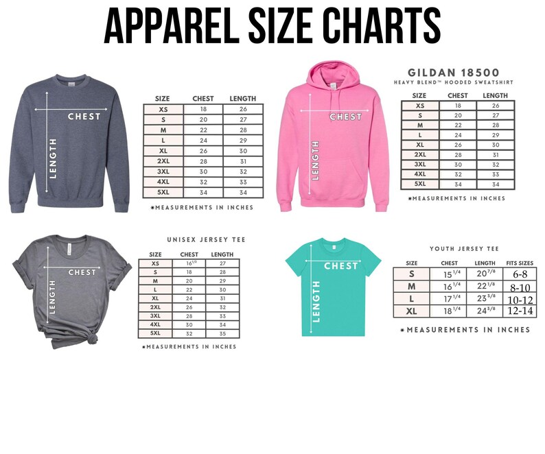apparel size charts for various clothing items, including a GILDA 18500 hoodie, a gray sweatshirt, a pink hoodie, a gray t-shirt, and a green t-shirt. The charts provide measurements in inches for each item, allowing customers to determine the appropriate size based on their measurements.