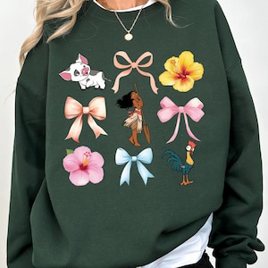 Disney Moana Coquette Bow Sweatshirt, Hei Hei and Pua Floral Long Sleeve Shirt, Moana Princess Disneyland Vacation Sweatshirt and Hoodie
