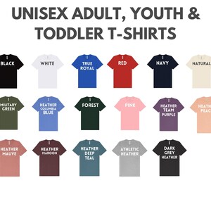 a group of different colored shirts with the words unisex adult, youth and