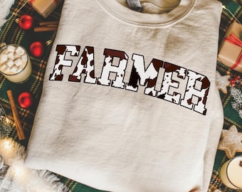 Farmer Cow Print Sweatshirt | Western Ranch Graphic Shirt | Country Life Farm Shirt | Rodeo Cowhide Farmer Sweatshirt | Country Western Gift