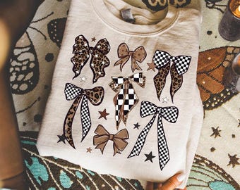 Girly Bow Sweatshirt or Hoodie, Leopard Checkerboard Bow Graphic Tee, Trendy Neutral Aesthetic Design, Cute Bow Outfit Top