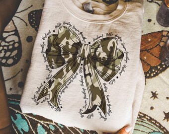 Camo Bow Shirt or Sweatshirt, Camouflage Bow Graphic Tee, Trendy Camo Aesthetic Hoodie, Military Style Bow Shirt, Womens Camo Fashion Top