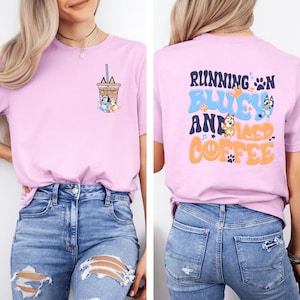 Blue Dog Running Mom Shirt – Double Sided Print – More Ice Coffee Shirt – Cartoon Mom Life Tee – Tired Mama Funny Shirt – Two Side Mom Tee