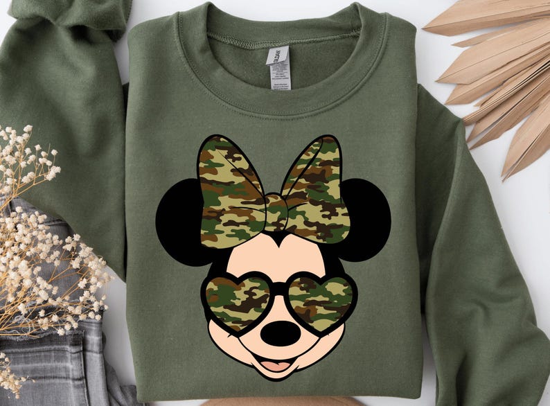 Camo Minnie Face Sweatshirt, Camo Minnie Bow Sweatshirt, Disney Minnie Camo Hoodie, Women's Camouflage Minnie Sweatshirt and Hoodie image 1
