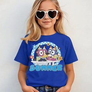 Blue Dog Summer Pool Shirt – Cute Cartoon Dog Tee for Kids – Toddler Swim Party Outfit – Funny BlueDon and Bingo Beach Vibes T-Shirt