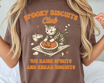 Comfort Colors® Spooky Biscuits Club Shirt or Sweatshirt | Cute Halloween Cat Tee | Retro Cozy Fall Baking Graphic Top