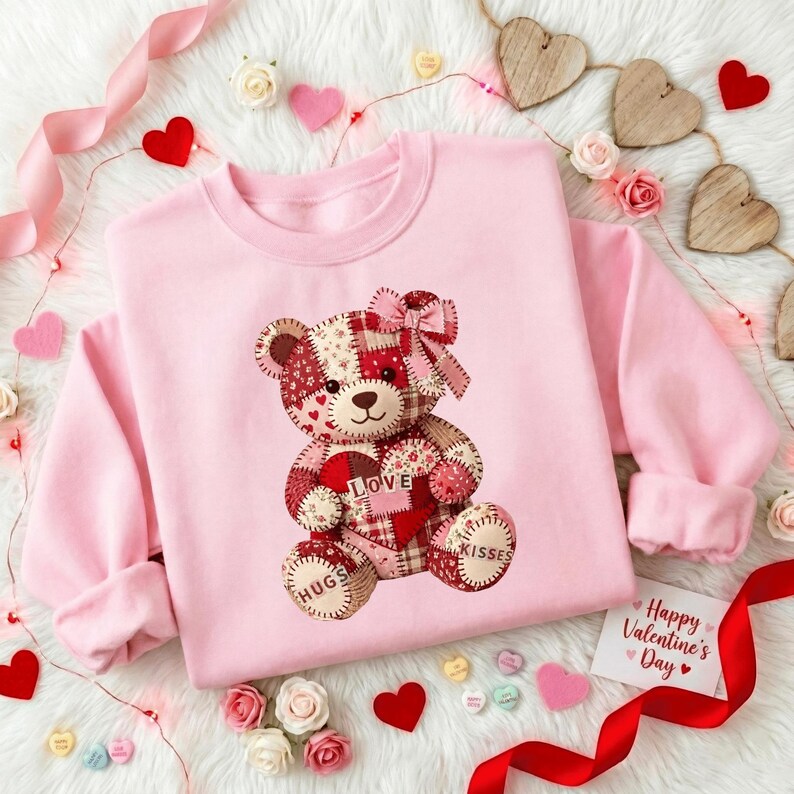 Patchwork Teddy Bear Valentine Shirt Sweatshirt Hoodie, Cute Love Bear ...