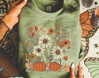 Fall Floral Pumpkin Sweatshirt, Autumn Daisy and Flowers Sweater, Cozy Harvest Season Graphic T-Shirt, Vintage Rustic Halloween Top
