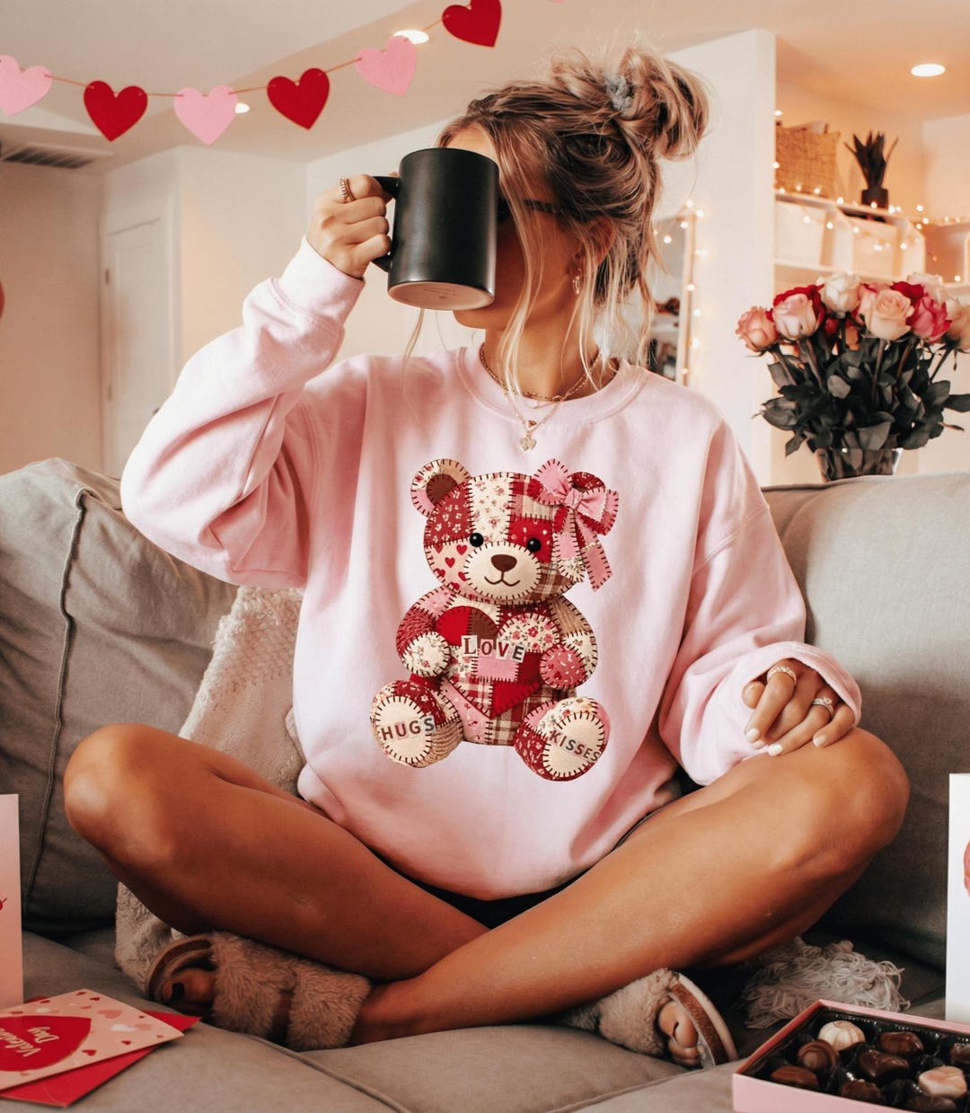 Patchwork Teddy Bear Valentine Shirt Sweatshirt Hoodie, Cute Love Bear ...