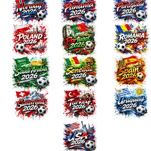 a collage of various soccer-themed graphics and flags, each representing a different country or region. The graphics feature soccer balls, flags, and text related to the respective countries or regions.