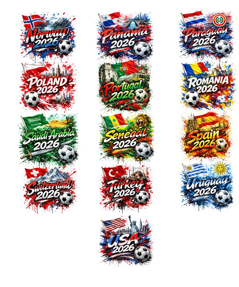 a collage of various soccer-themed graphics and flags, each representing a different country or region. The graphics feature soccer balls, flags, and text related to the respective countries or regions.