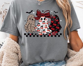 Comfort Colors® Retro Checkered Ghost Shirt - Leopard Ghost with Cherry Shirt - Spooky Cute Fall Tee - Vintage Halloween Aesthetic Top