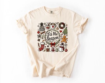 Comfort Colors® Tis the Season Shirt, Cozy Christmas Collage Tee, Vintage Holiday Gingerbread and Snowman T-Shirt