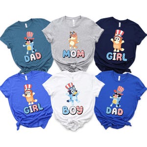 Blue Dog Family Matching Shirts – 4th of July Mom Dad Boy Girl Tees – Patriotic Cartoon Tee – Red White and Blue Family – Independence Day