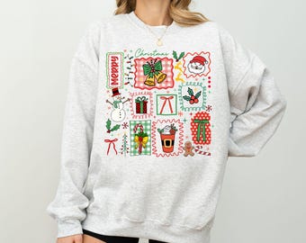 Christmas Doodle Shirt, Festive Holiday Sweatshirt, Colorful Santa Snowman and Candy Cane Christmas Top