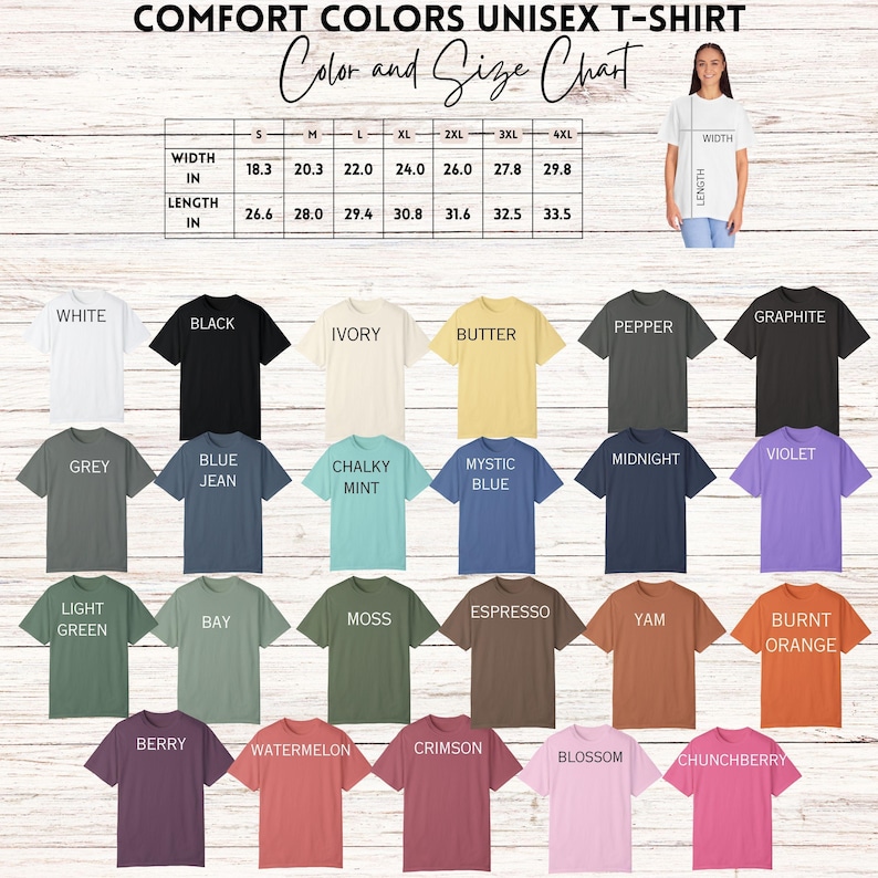 The image is a color and size chart for a unisex t-shirt, displaying various color options and corresponding sizes.