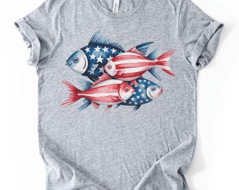 4th of July Patriotic Fish Shirt – USA Fishing Tee – Red White Blue Angler Shirt – Independence Day Outdoors Shirt – American Fisherman Gift