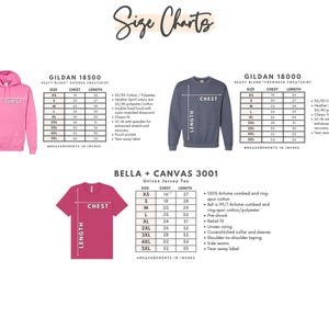 a collection of size charts and measurements for various clothing items, including a pink hoodie, a gray sweatshirt, and a red t-shirt. The charts provide specific measurements for different sizes, such as chest, waist, and length, as well as the corresponding garment size.