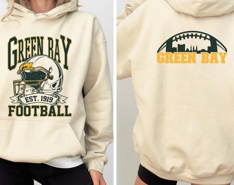 Green Bay Football Sweatshirt & Hoodie, Retro Helmet Est 1919 Tee, Green Bay Football Fan Front Back Sweatshirt, Vintage Game Day Spirit Top