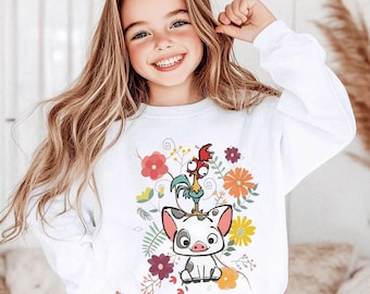 Kids Pua and Hei Hei Sweatshirt and Shirts, Cute Moana Pig and Rooster Tee, Floral Disney Inspired Sweatshirt, Tropical Cartoon Animal Top