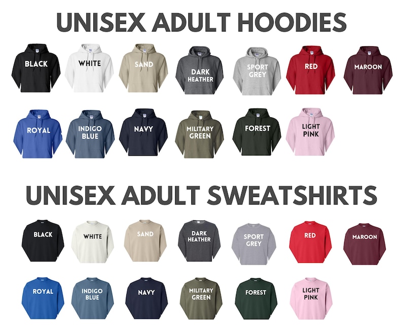 a collection of unisex adult hoodies and sweatshirts in various colors and styles, arranged in two rows.