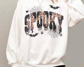Spooky Halloween Sweatshirt, Leopard Print Spooky Shirt, Cute Bat Spiderweb Fall Hoodie, Retro Dripping Letters Top