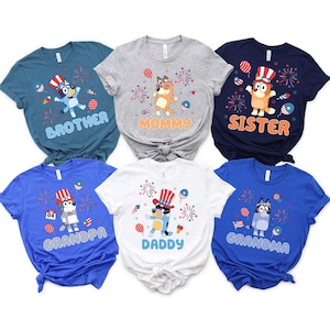 Blue Dog Family Matching Shirts – 4th of July Cartoon Tee for Uncle Aunt Cousin Grandma Grandpa Mom Dad Siblings – Red White Blue USA Outfit