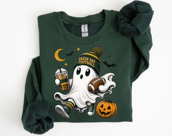 Green Bay Football Ghost Shirt or Sweatshirt, Green Bay Football Sweatshirt, Halloween Game Day Shirt, Spooky Green Bay Football Sweatshirt