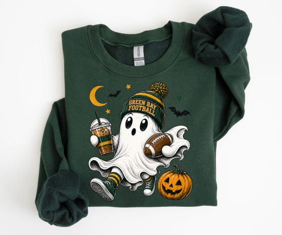 Green Bay Football Ghost Shirt or Sweatshirt, Green Bay Football Sweatshirt, Halloween Game Day Shirt, Spooky Green Bay Football Sweatshirt
