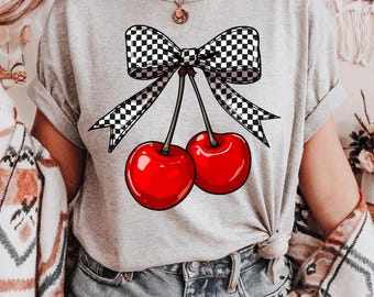 Checkered Cherry Bow Shirt, Red Cherry and Bow Minimalist Sweatshirt, Girly Social Club, Trendy Red Cherry Bow Shirt, Cute Cherry Sweatshirt