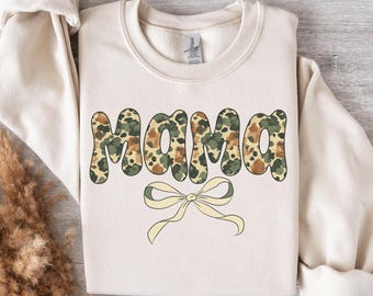 Mama Camouflage Bow Coquette Sweatshirt, Preppy Duck Hunting Camo Shirt, Camouflage Mom Shirt, Mothers Day Shirt, Trendy Gift for Grandma