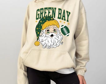 Green Bay Football Christmas Santa Sweatshirt, Retro Holiday Game Day Hoodie, Vintage Green Bay Fan Hoodie, Festive Santa Tee