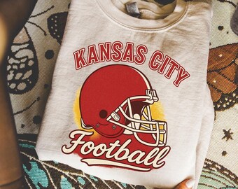 Kansas City Retro Football Sweatshirt, Vintage Distressed Kansas City Helmet Hoodie, KC Game Day Top, Cozy Sports Kansas City Sweatshirt